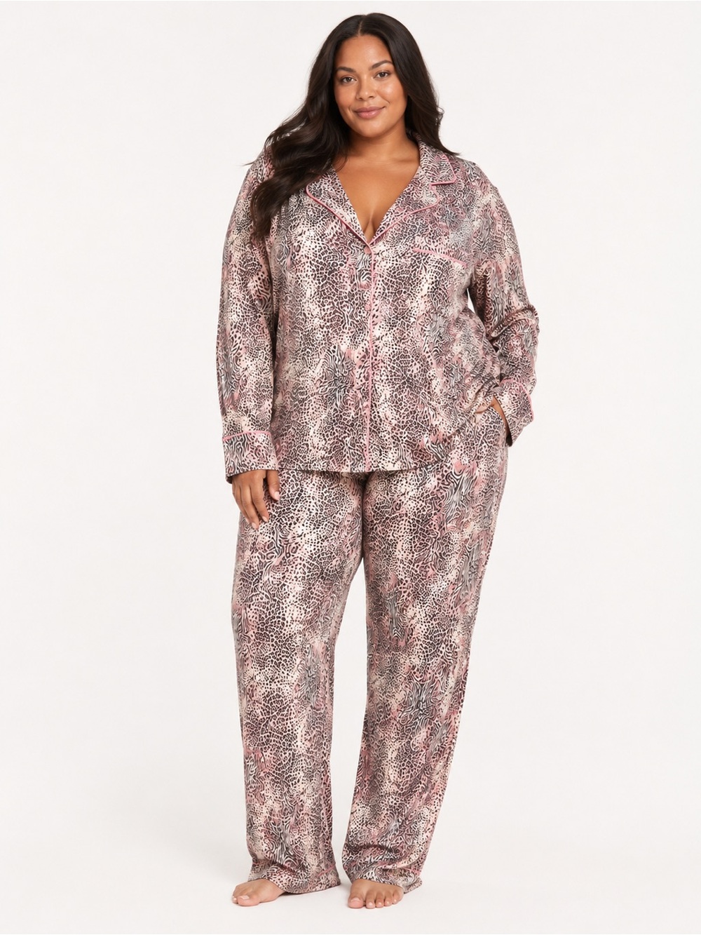 NWT SKIMS Sleep Long Sleeve Pajama Set 4X Bloom Mini Multi Animal Print Pink